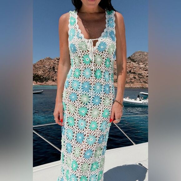 Show Me Your MuMu Vacay Tank Cover Up Dress in 
White Multi Floral Crochet Small - Picture 3 of 9